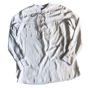 ANN TAYLOR | Lace Up Front Pocket Long Sleeve Blouse Cream Top Shirt